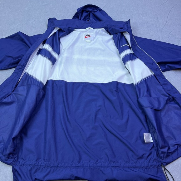 VTG Nike Jacket Men's Large Blue Big Swoosh Hooded Full Zip Long Windbreaker - Picture 8 of 16